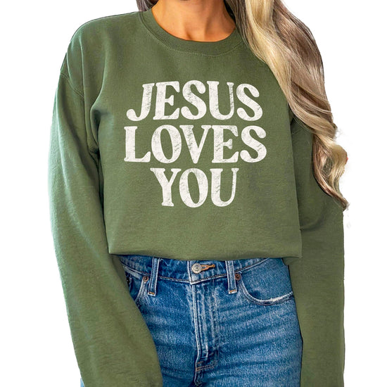 Jesus Loves You distressed print sweatshirt in army green on white background