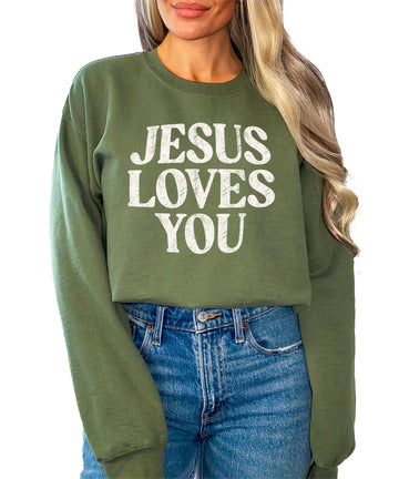 Jesus Loves You distressed print sweatshirt in army green on white background