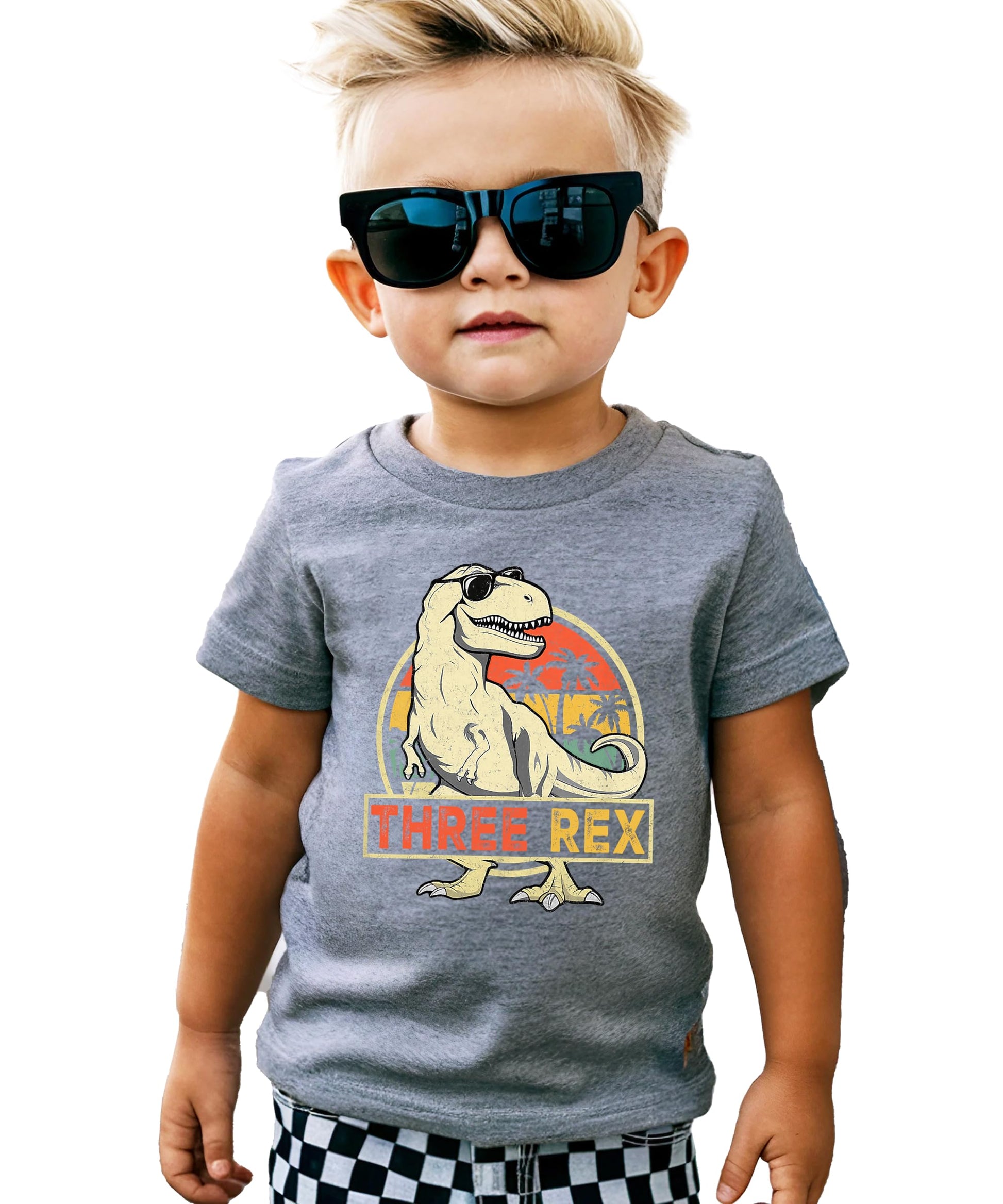 Back view of Three Rex 3rd birthday dinosaur shirt showing plain black back