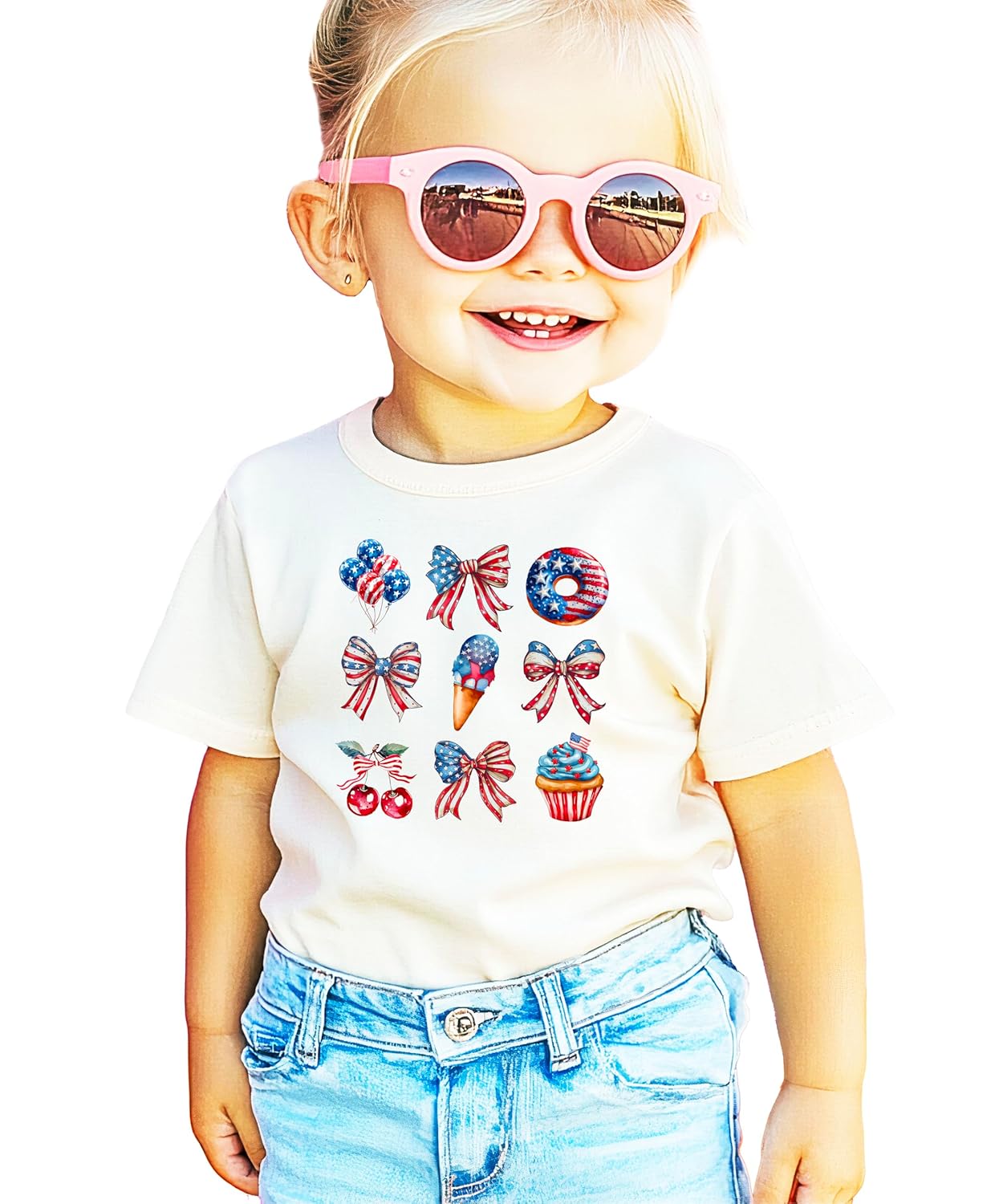 Pink patriotic shirt with red white blue bows cherries ice cream balloons cupcakes and donuts 4th of July design