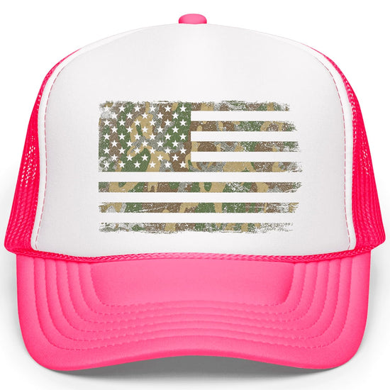 Flat lay of camo American flag trucker hat showing full structured front design