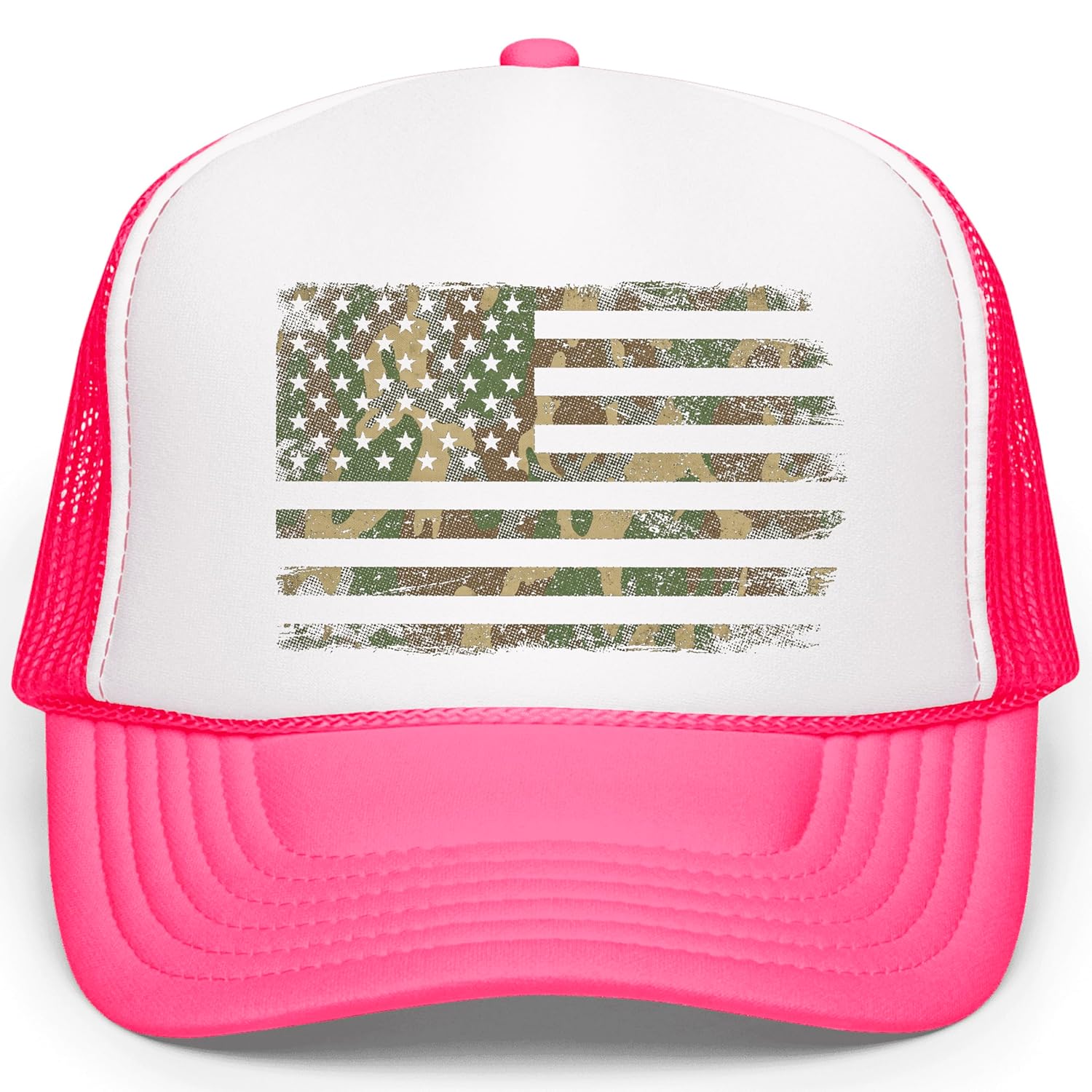 Flat lay of camo American flag trucker hat showing full structured front design