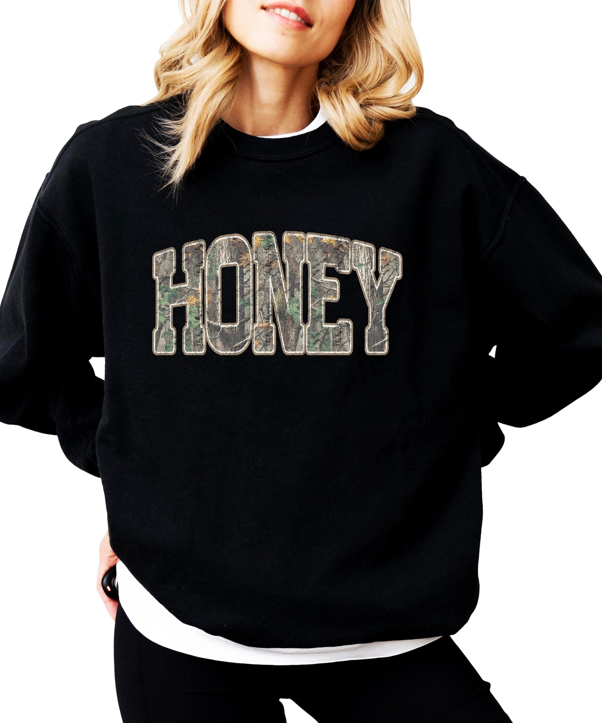 Woman wearing Honey Camo camouflage sweatshirt casual styling