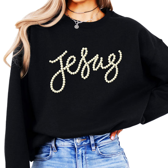 Side view of women's army green Jesus crewneck pullover sweatshirt