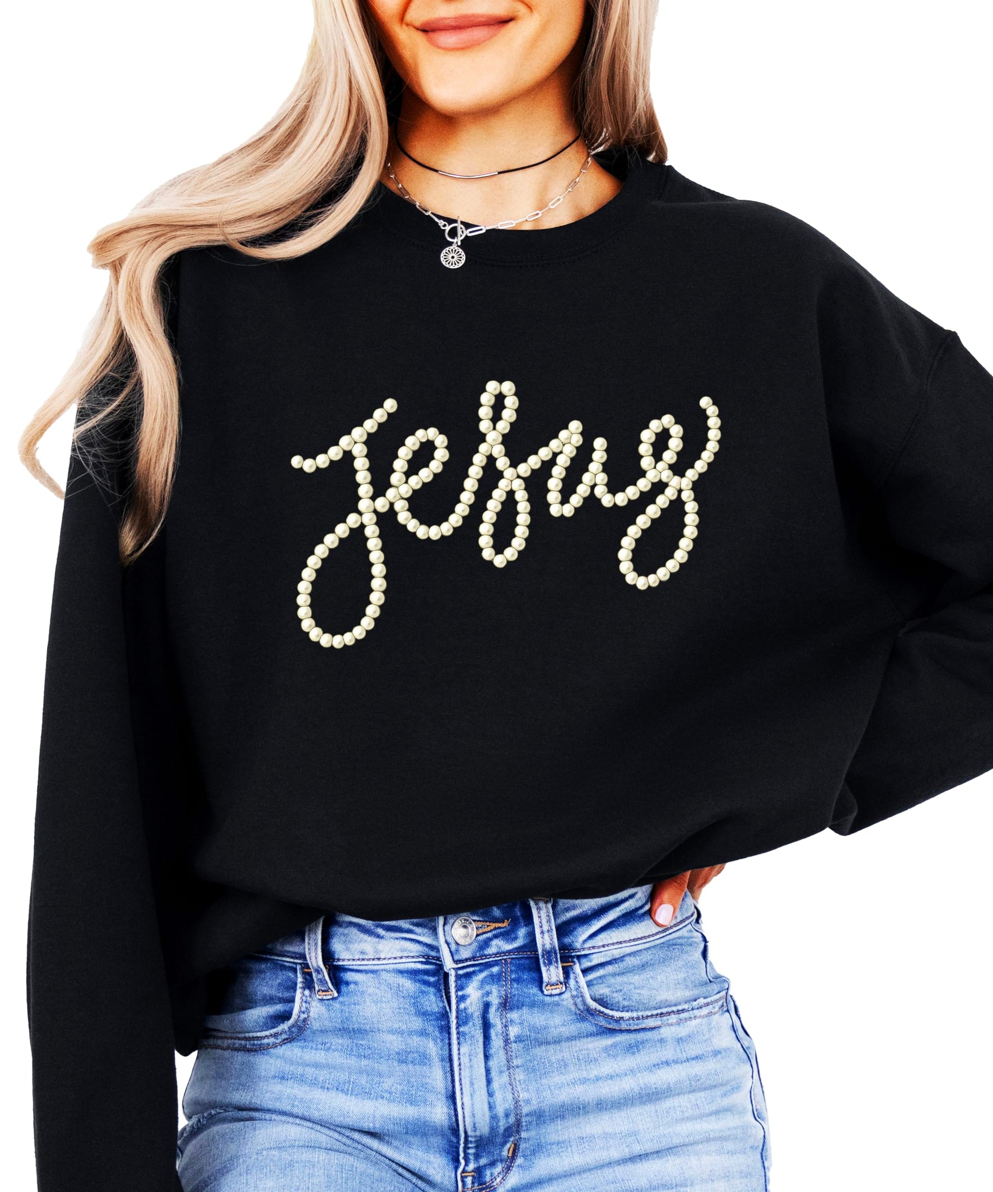 Side view of women's army green Jesus crewneck pullover sweatshirt