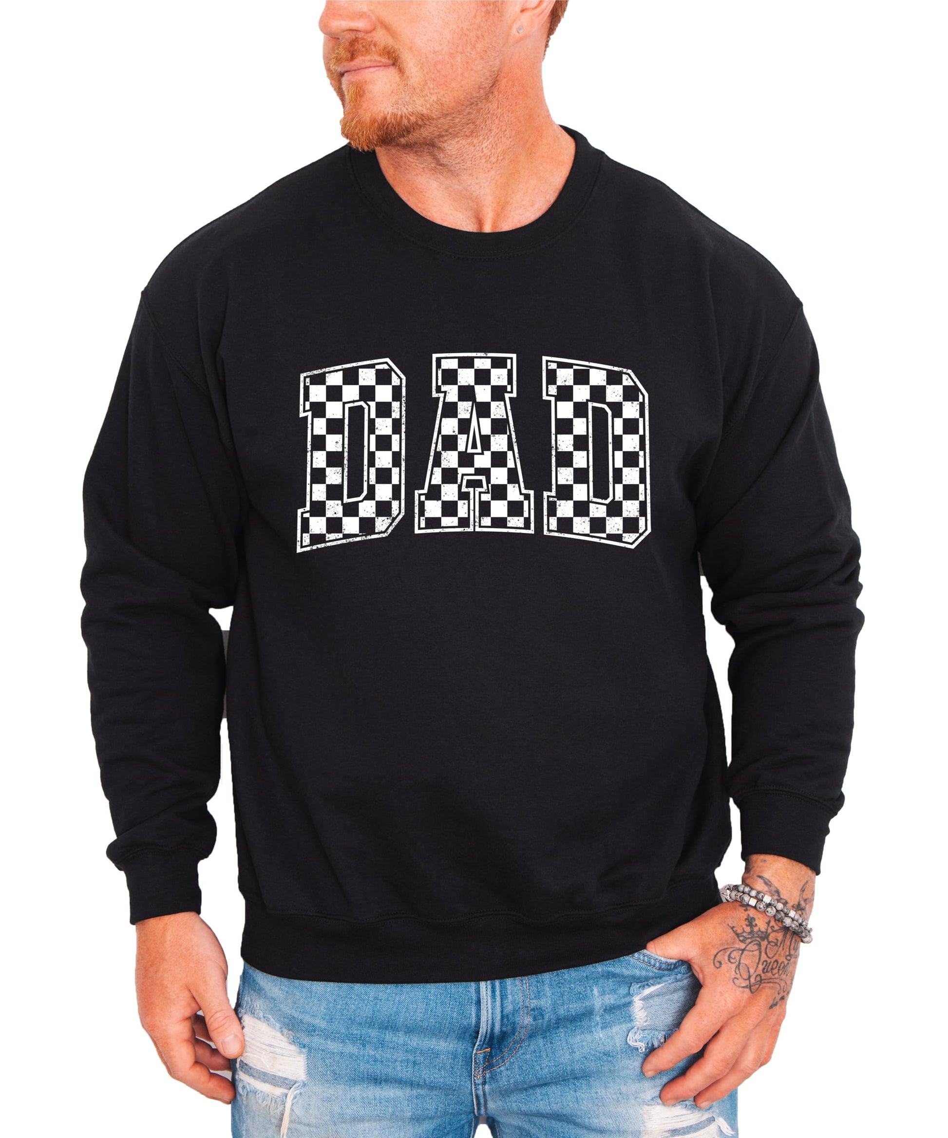 Close-up of Dad checkered graphic design showing retro black and white pattern detail