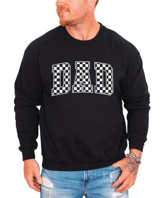 Close-up of Dad checkered graphic design showing retro black and white pattern detail