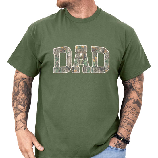 Flat lay of dad camouflage graphic tee showing full shirt design