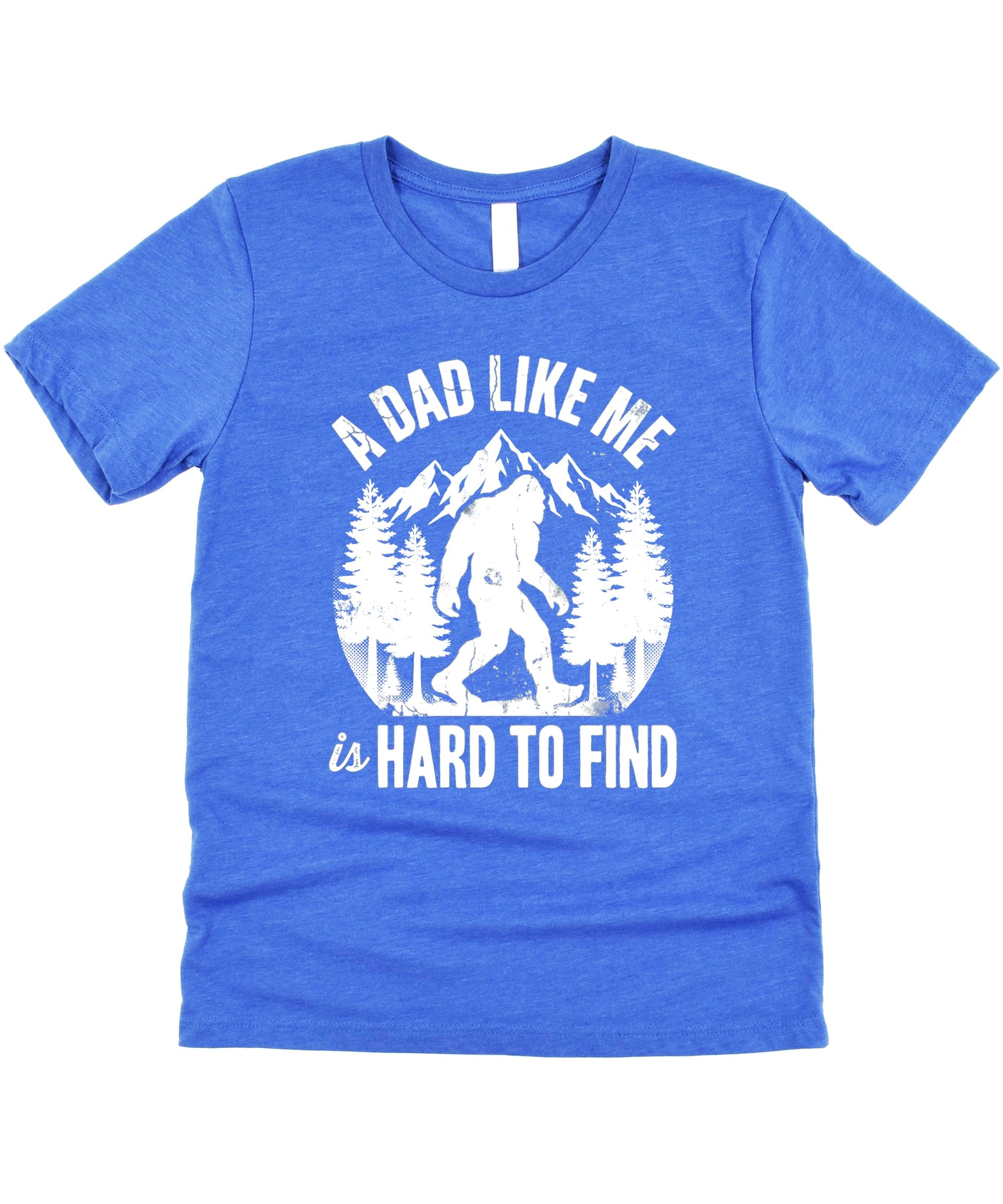 Military green dad shirt featuring funny Sasquatch graphic with pine trees and mountains