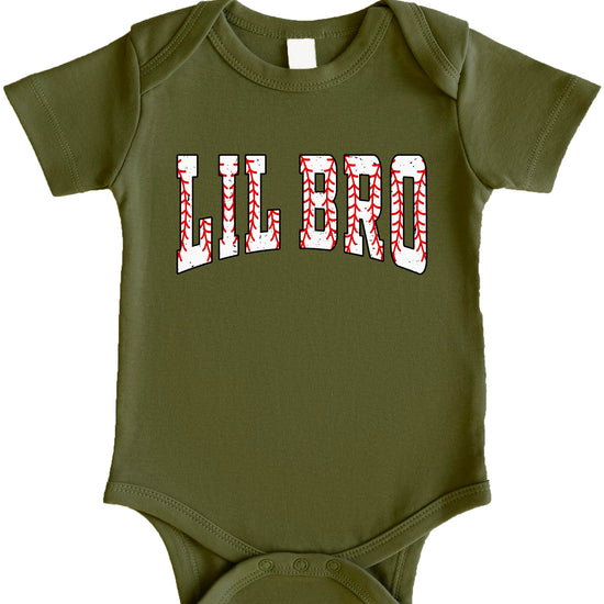 Baby bodysuit laid flat displaying full Lil Bro baseball varsity lettering design