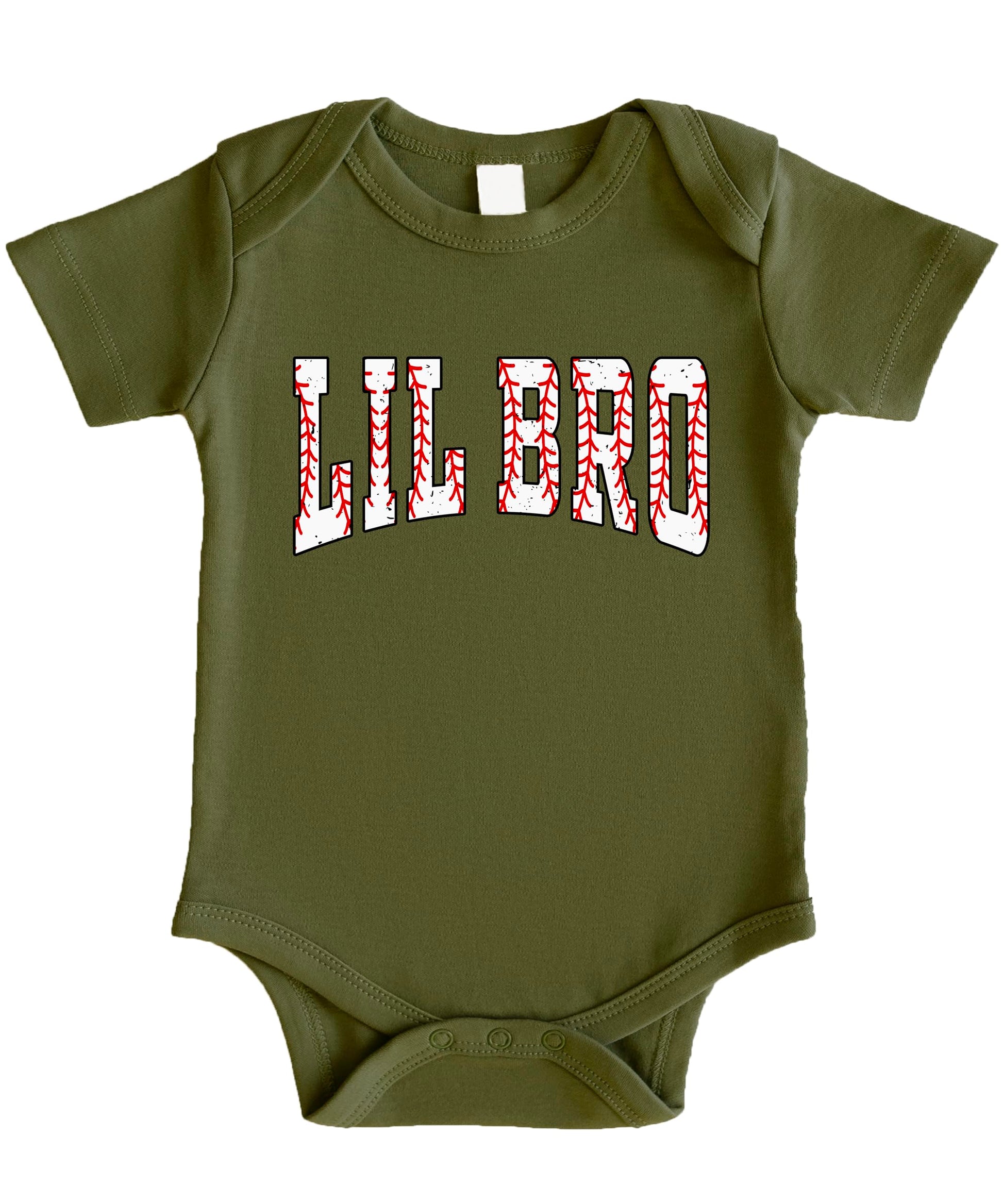 Baby bodysuit laid flat displaying full Lil Bro baseball varsity lettering design