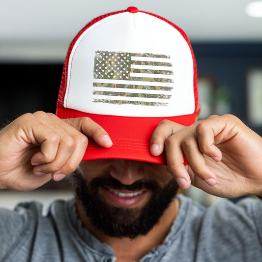 Camo American Flag Trucker Hat - Patriotic Snapback Cap