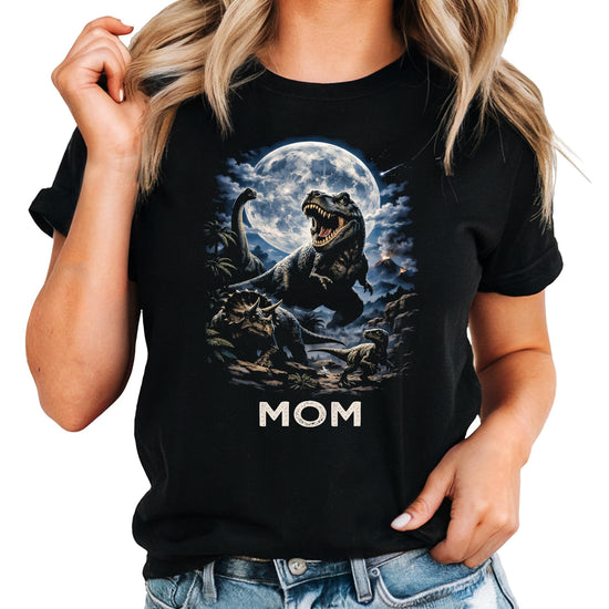 Close-up of T-Rex birthday boy shirt graphic with colorful dinosaur illustration