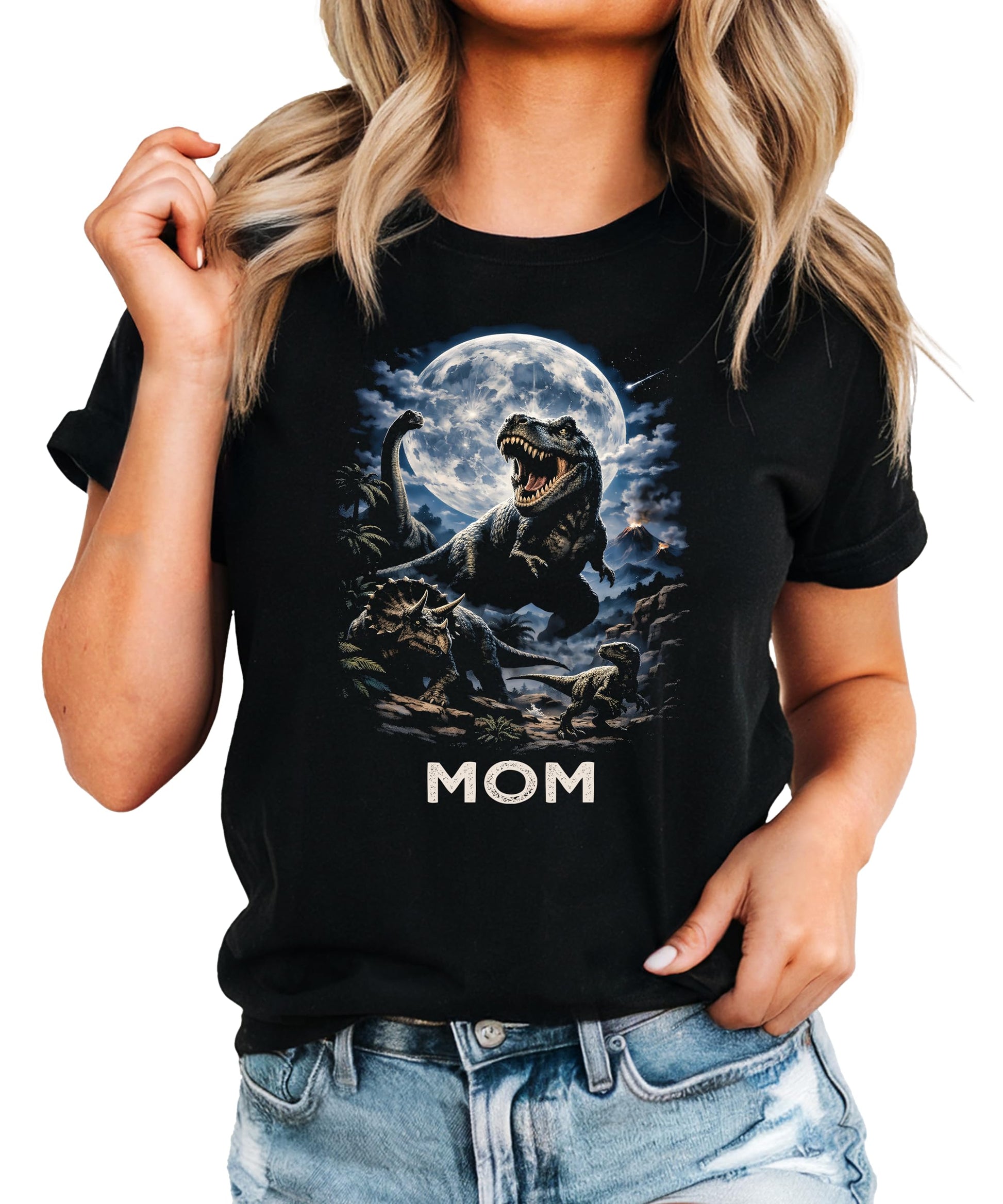 Close-up of T-Rex birthday boy shirt graphic with colorful dinosaur illustration