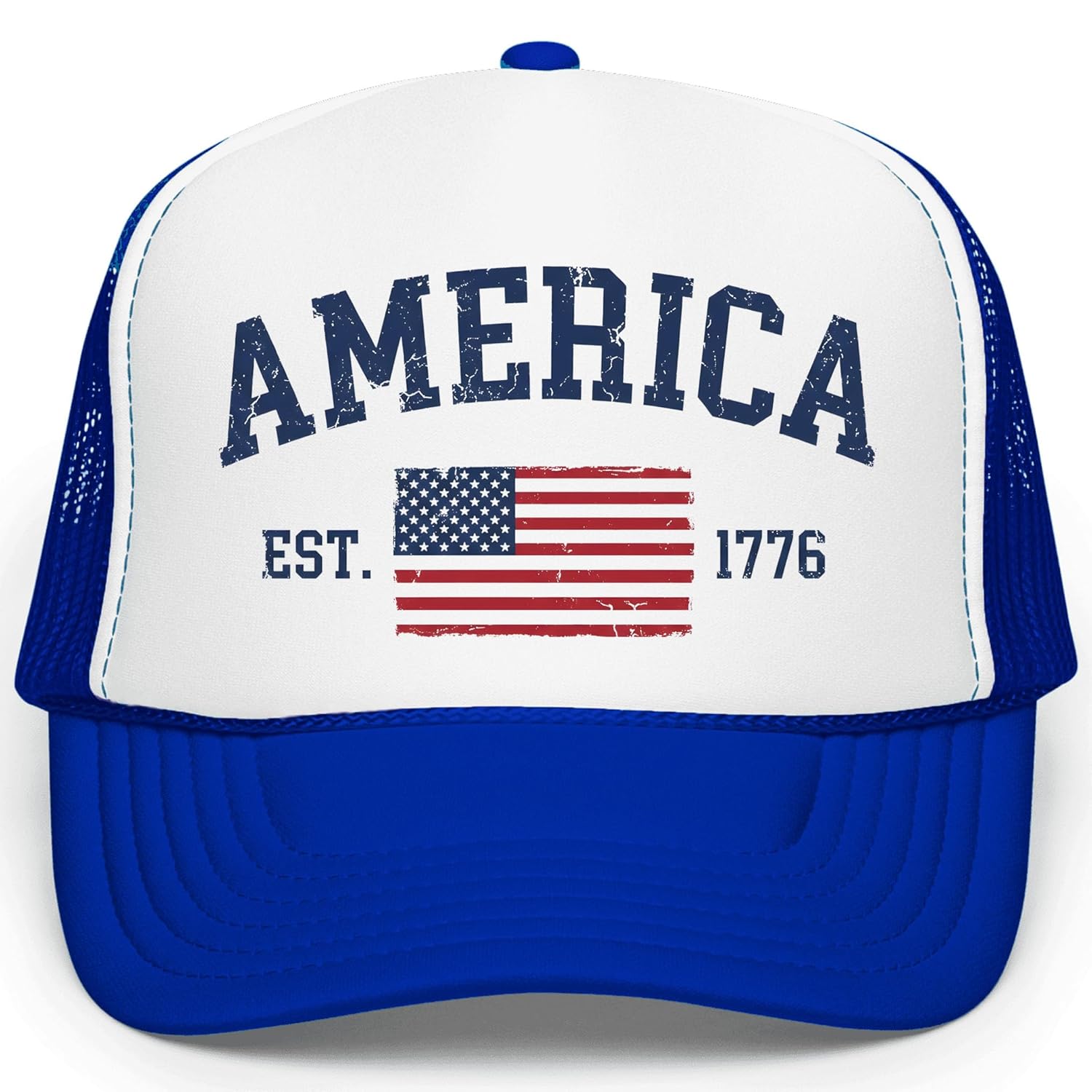 Flat lay of white trucker hat with America Est 1776 and USA flag distressed graphics