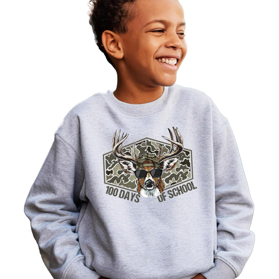 Kids wearing white 100 Days of School deer sweatshirt lifestyle photo