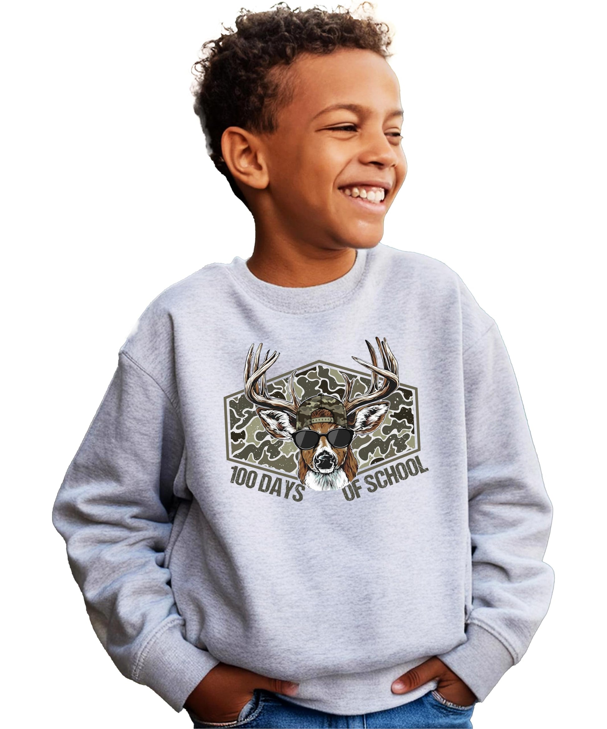 Kids wearing white 100 Days of School deer sweatshirt lifestyle photo