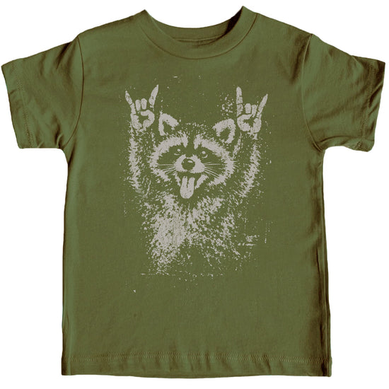 Rock and roll raccoon shirt family sizing chart showing unisex fit options from infant to adult 2XL