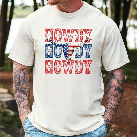 Back view of Howdy bull skull patriotic Western tee showing garment construction and fit