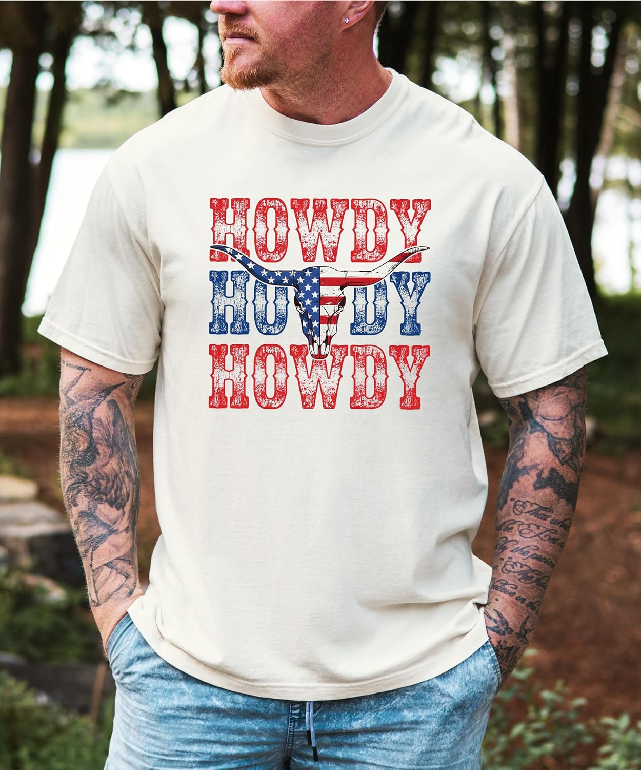 Back view of Howdy bull skull patriotic Western tee showing garment construction and fit