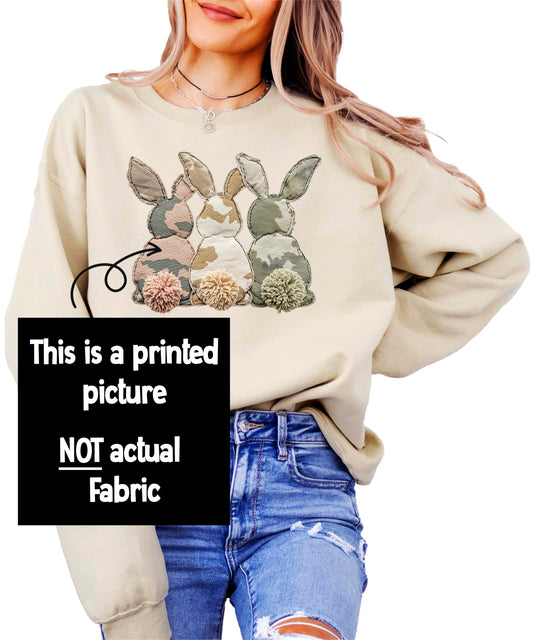Olive Loves Apple Ink-Printed NOT Fabric Patchwork Camo 3 Easter Bunnies Sweatshirt for Women Teens & Kids Spring Pullover