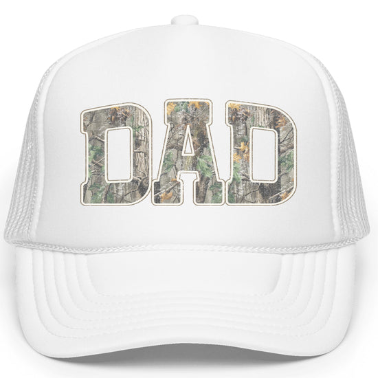 Back view of Dad camo trucker hat displaying mesh panels and snapback adjustment