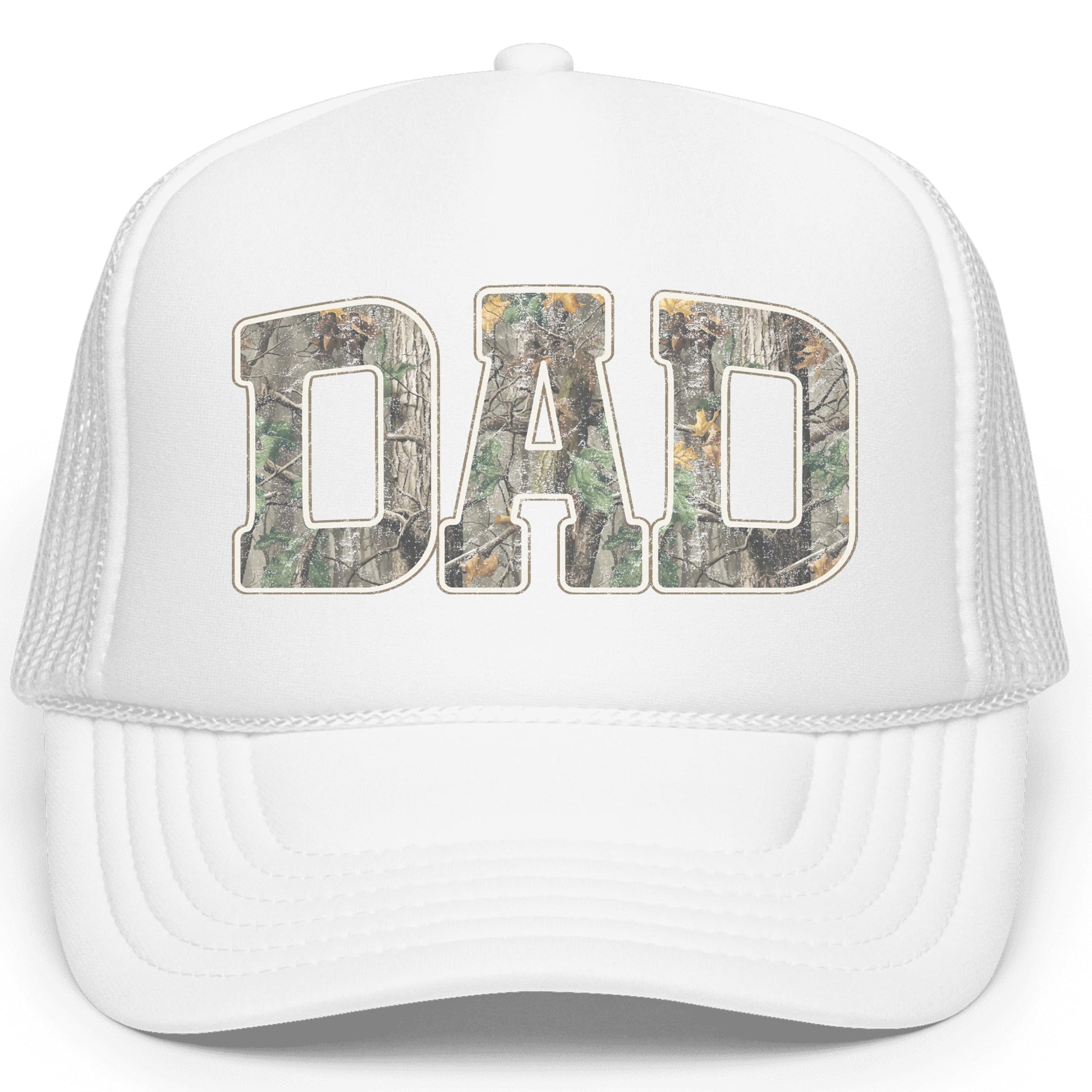 Back view of Dad camo trucker hat displaying mesh panels and snapback adjustment