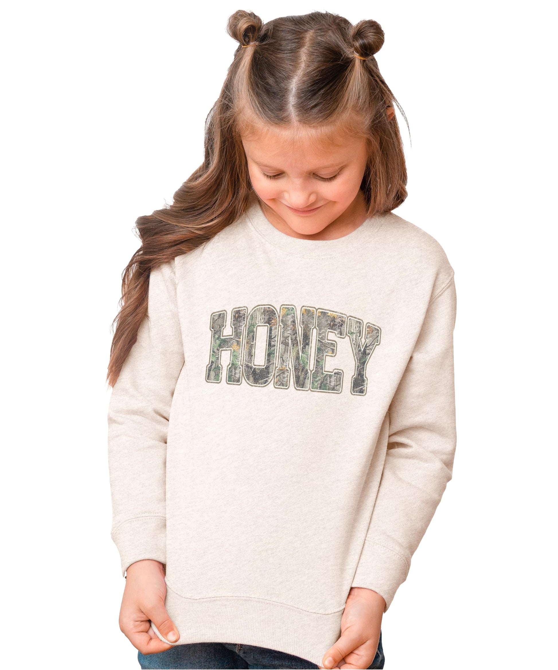 Detail shot of Honey Camo sweatshirt fabric and print quality