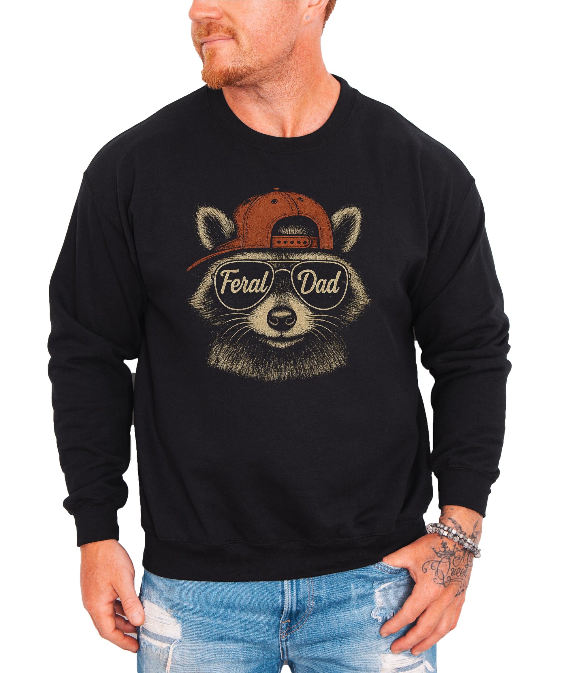 Feral Dad raccoon graphic sweatshirt product shot showing full front design