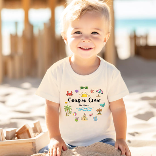 Size chart and fit guide for Cousin Crew Sea Side FL family matching shirts