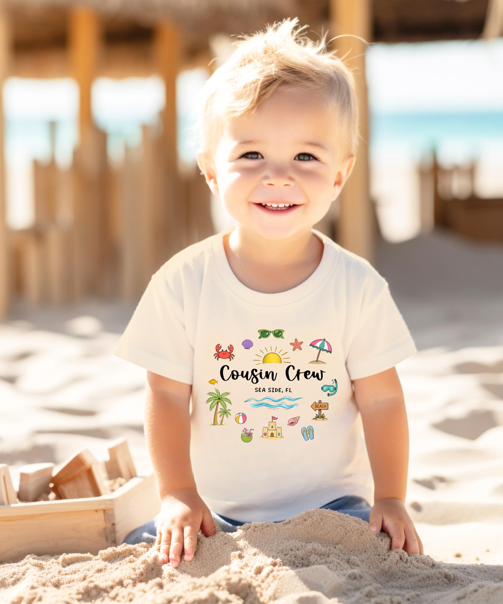 Size chart and fit guide for Cousin Crew Sea Side FL family matching shirts