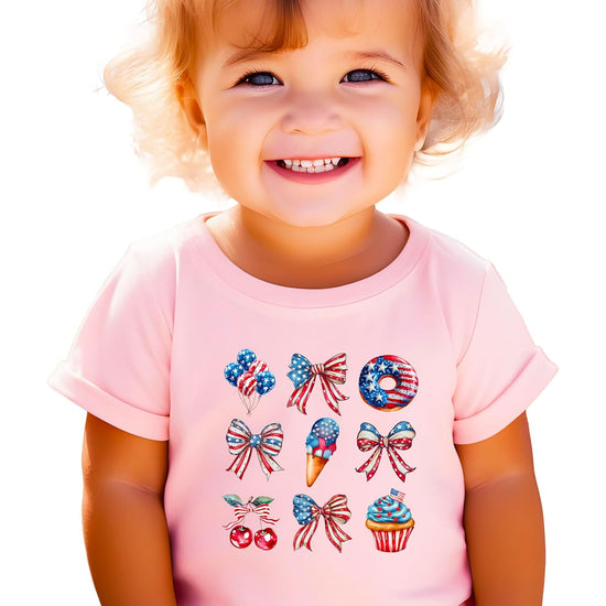 Close up of patriotic bows sweets design showing detailed red white and blue graphics on shirt