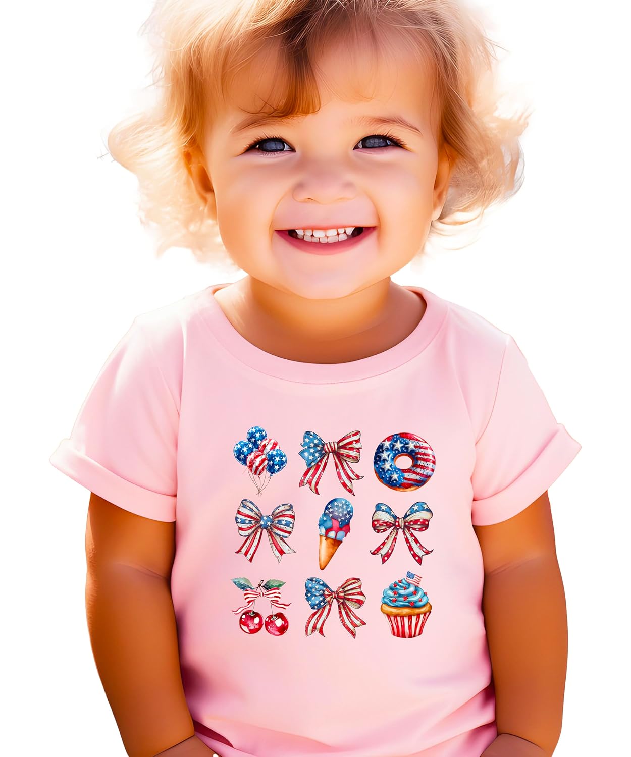 Close up of patriotic bows sweets design showing detailed red white and blue graphics on shirt