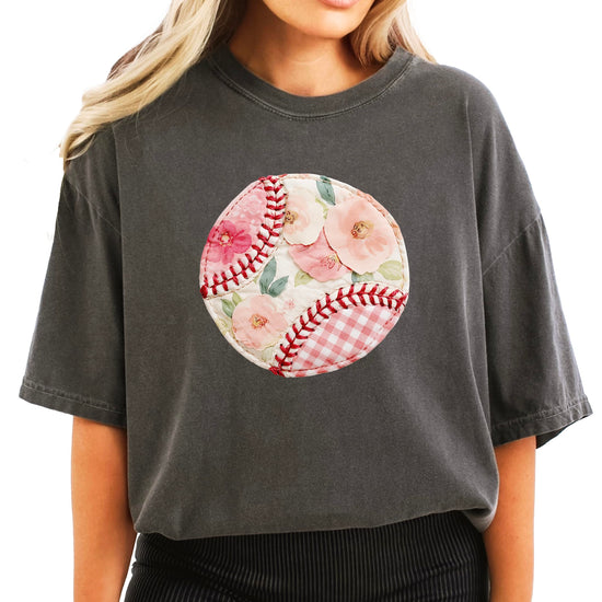Detail view of floral gingham print on baseball tee with soft pink accents