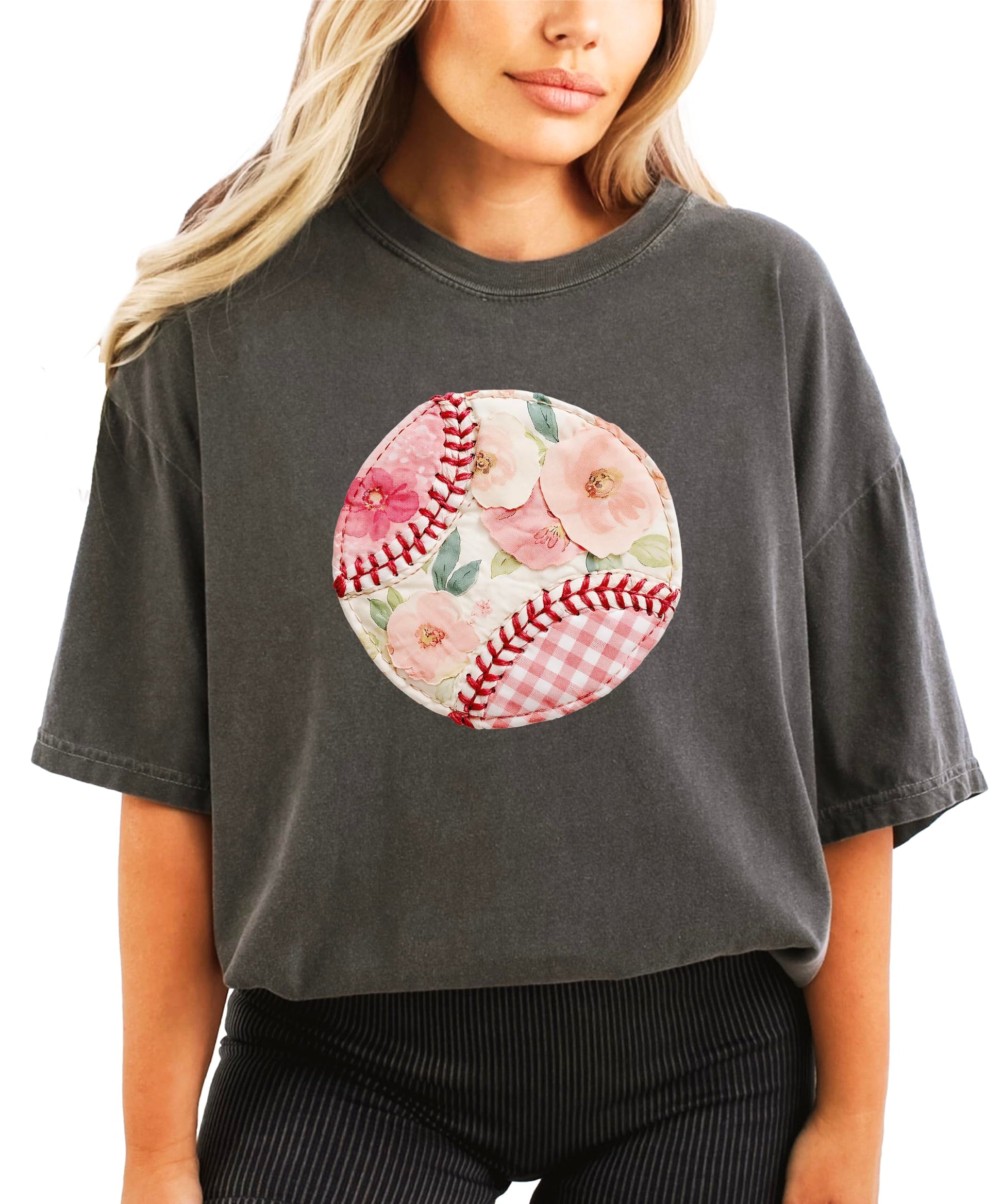 Detail view of floral gingham print on baseball tee with soft pink accents