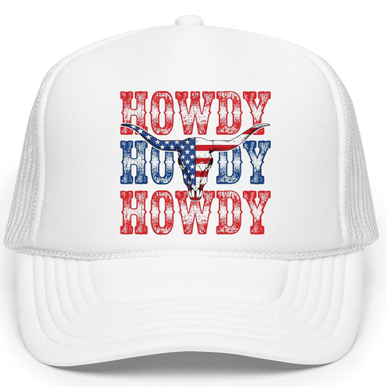 Flat lay product shot of Howdy USA bull skull patriotic western hat