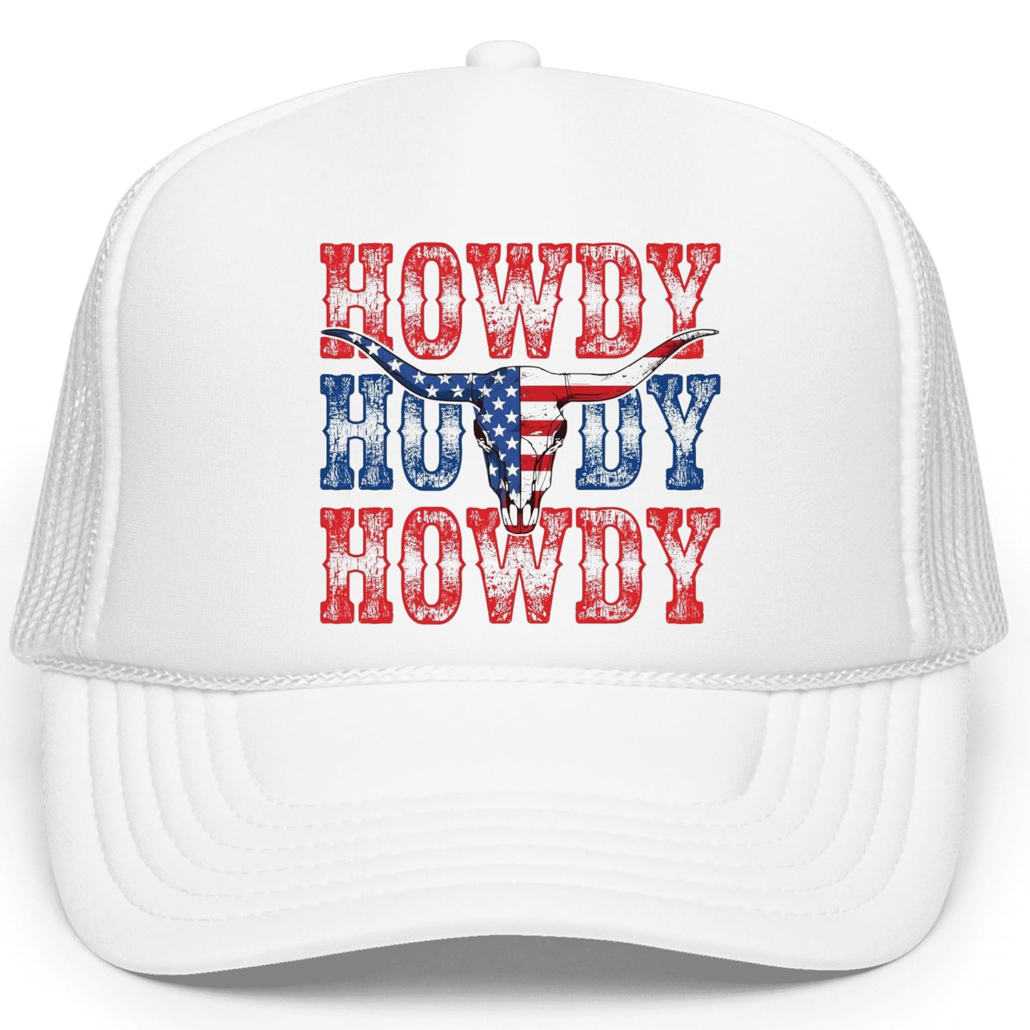 Flat lay product shot of Howdy USA bull skull patriotic western hat