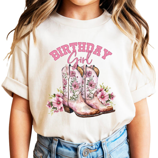 Birthday girl western cowgirl shirt with pink floral boots design on natural colored tee