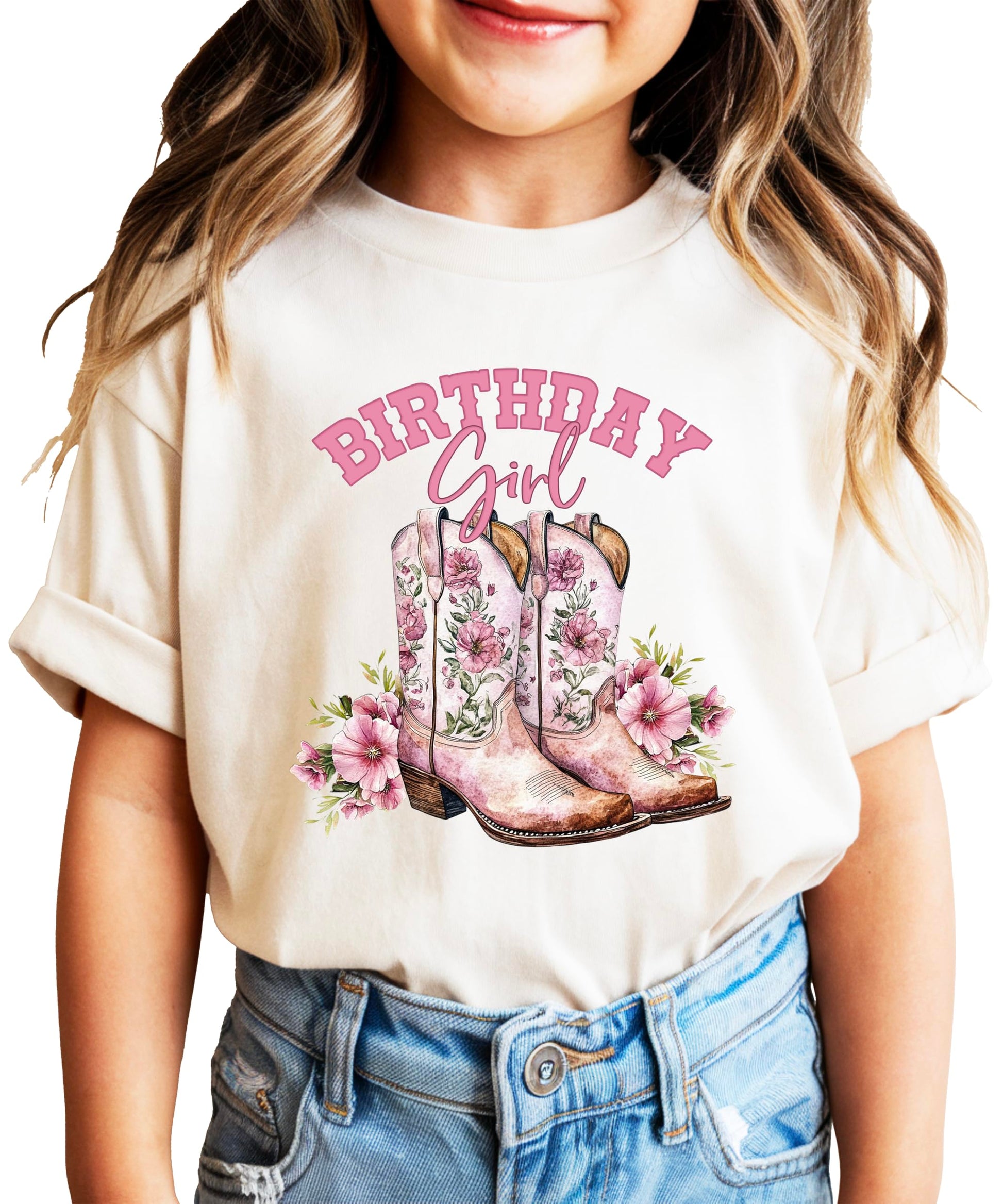 Birthday girl western cowgirl shirt with pink floral boots design on natural colored tee