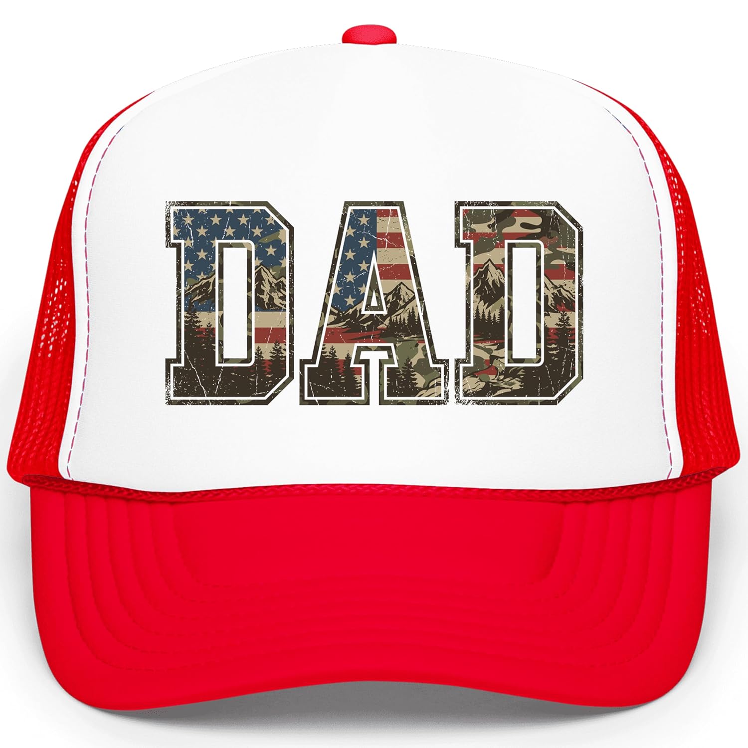 Close-up of DAD lettering filled with stars and stripes blending into camo mountain scene on trucker hat