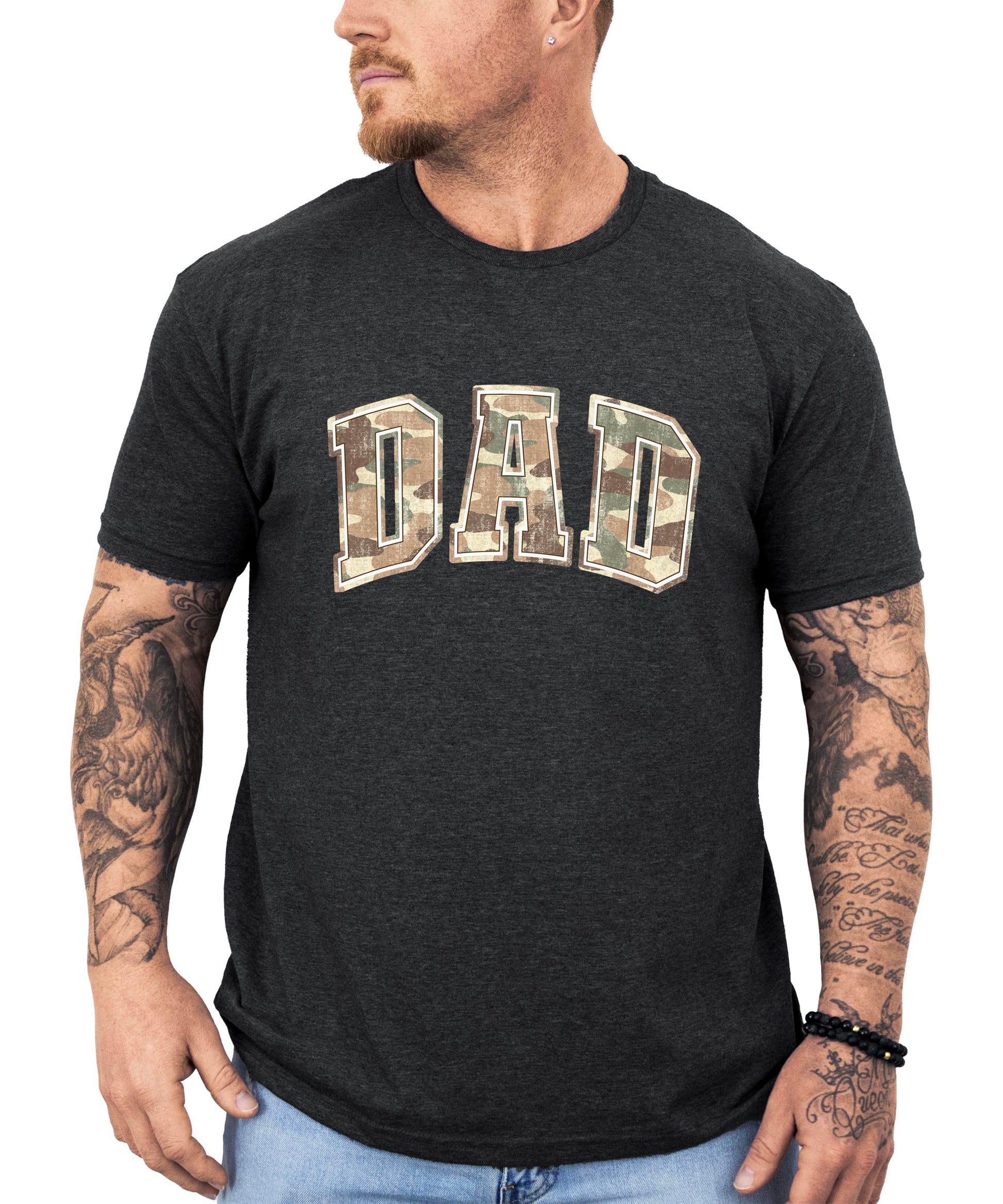 Close-up view of camo DAD text graphic print on black shirt