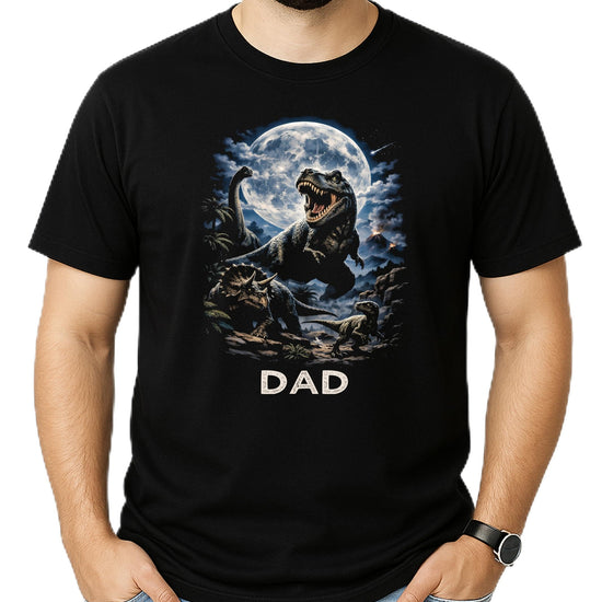 Family matching dinosaur birthday shirts showing mom, dad and birthday boy designs