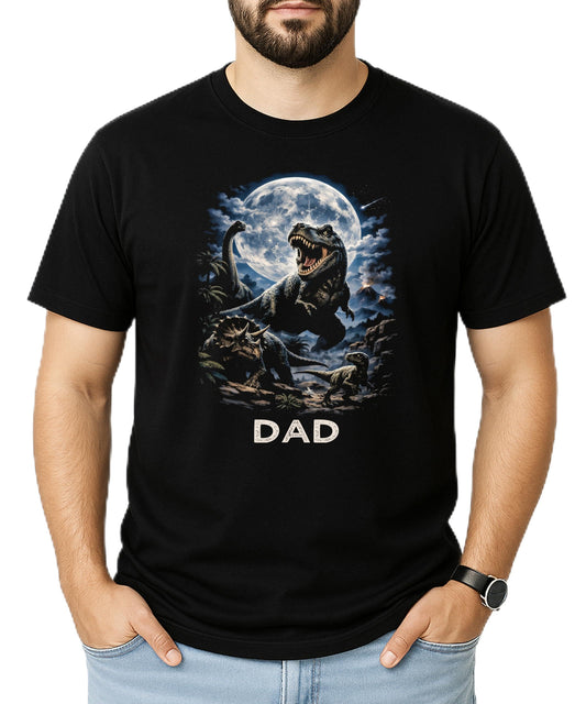 Family matching dinosaur birthday shirts showing mom, dad and birthday boy designs