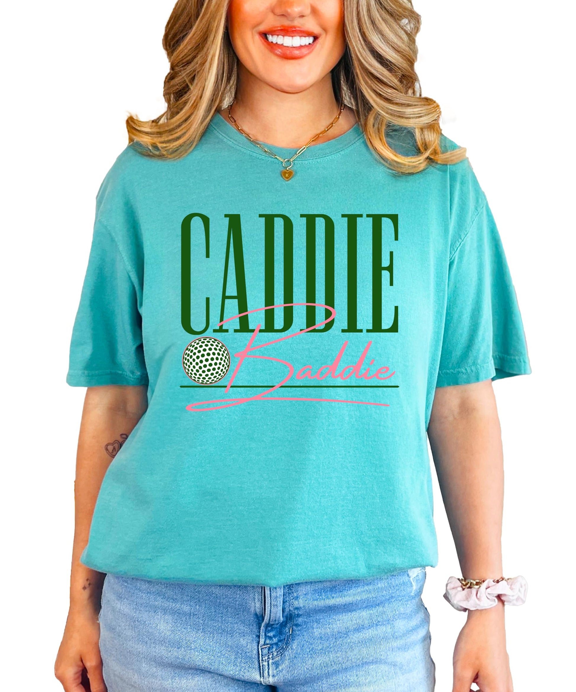 Side view of Caddie Baddie golf shirt showing fit and style