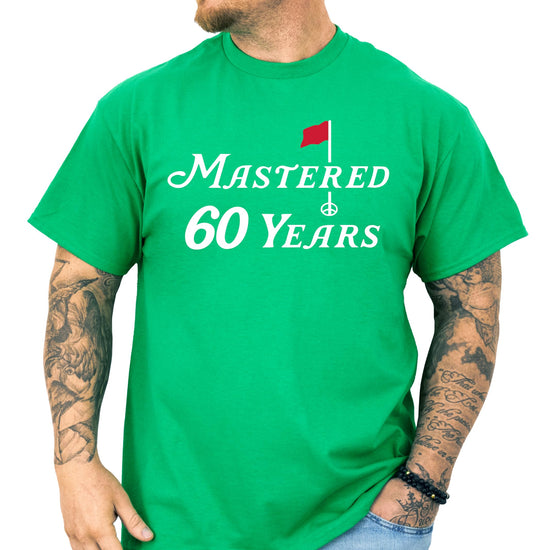 Side angle view of 60th birthday golf t-shirt displaying shirt structure