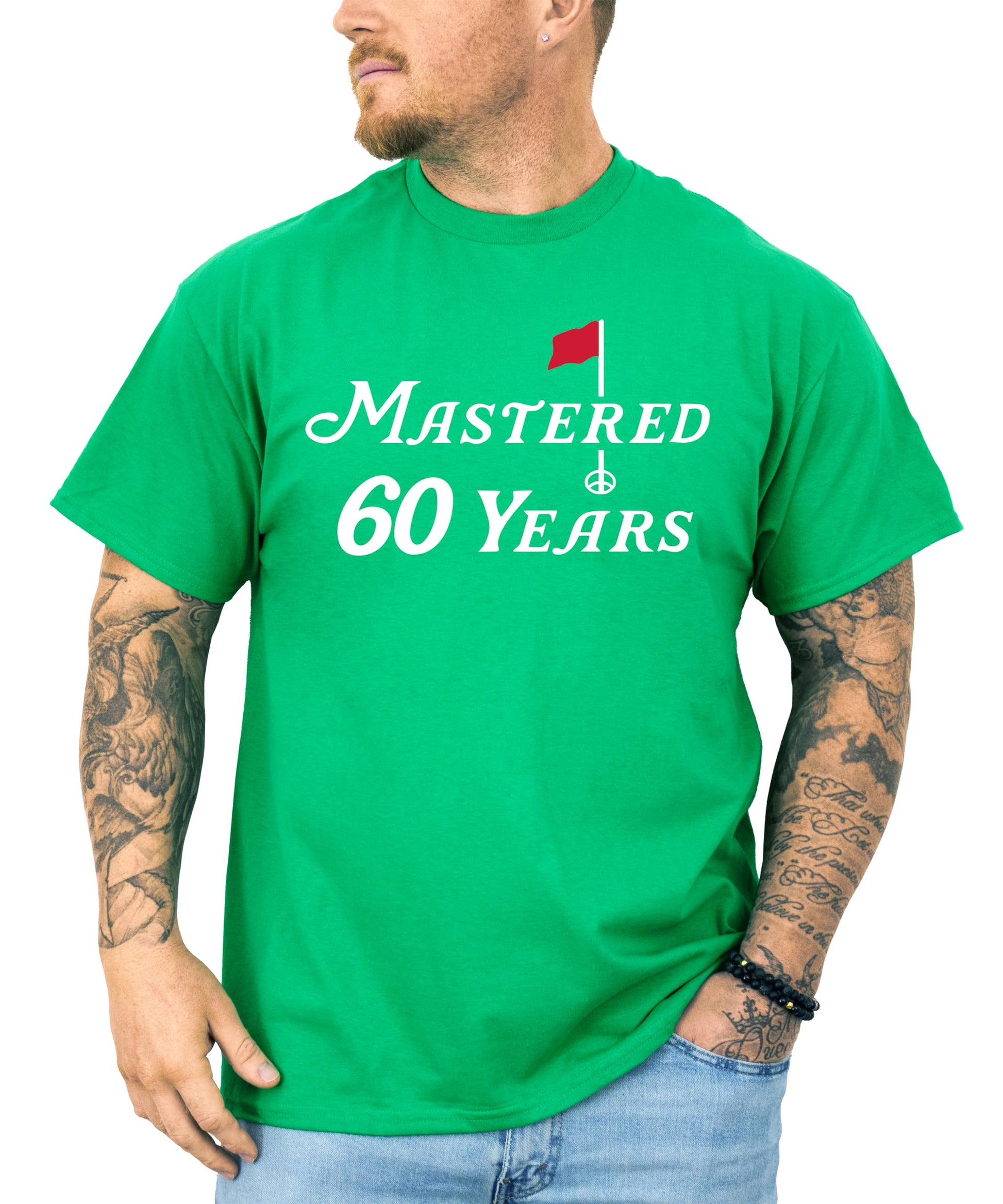Side angle view of 60th birthday golf t-shirt displaying shirt structure