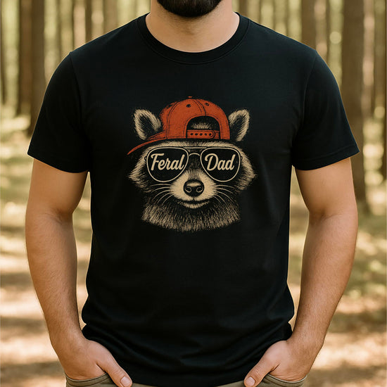 Back view of Feral Dad raccoon graphic tee showing shirt construction