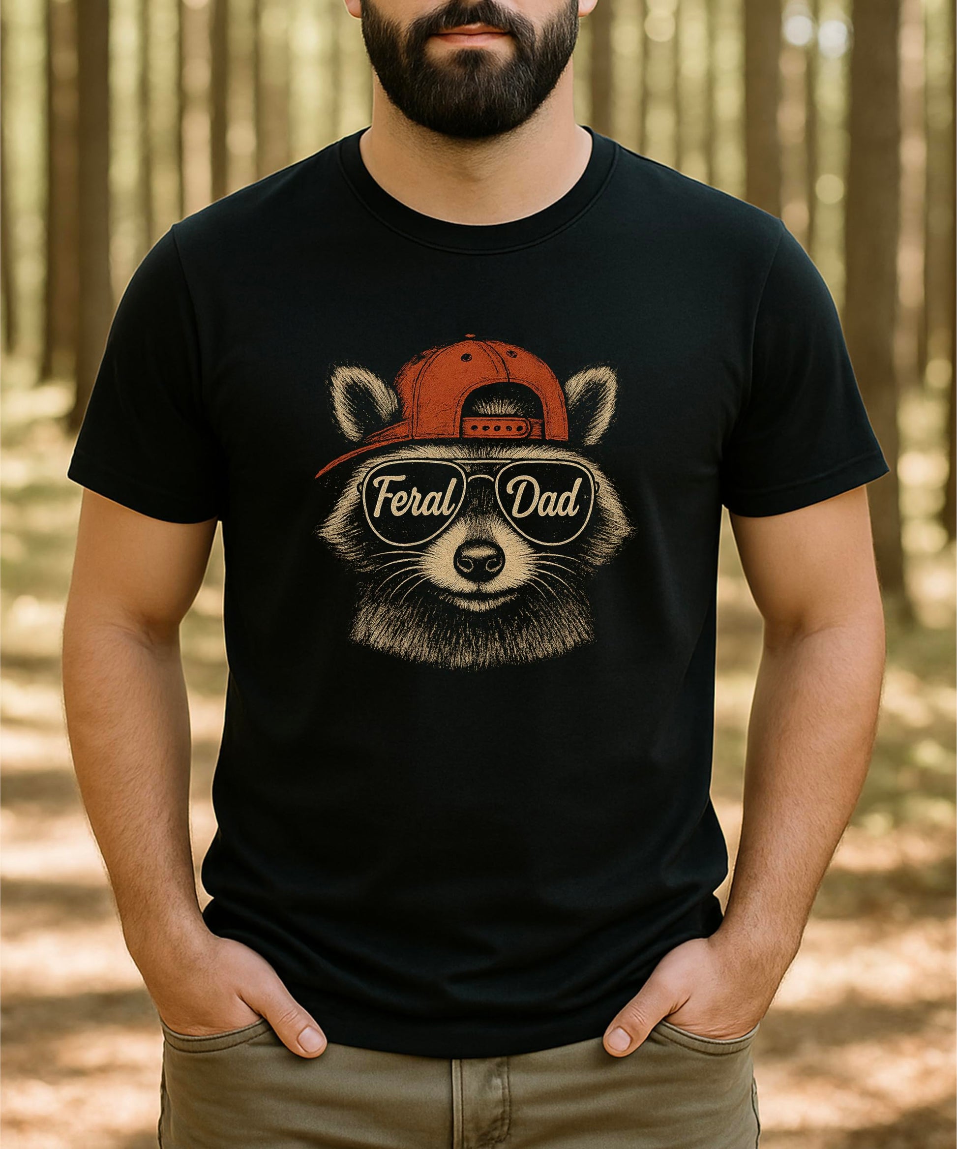 Back view of Feral Dad raccoon graphic tee showing shirt construction