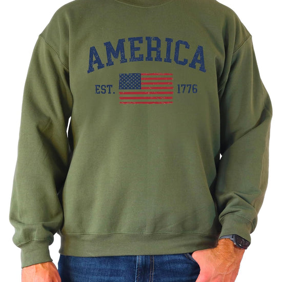 America Est 1776 sweatshirt detail shot highlighting distressed vintage flag and EST 1776 text