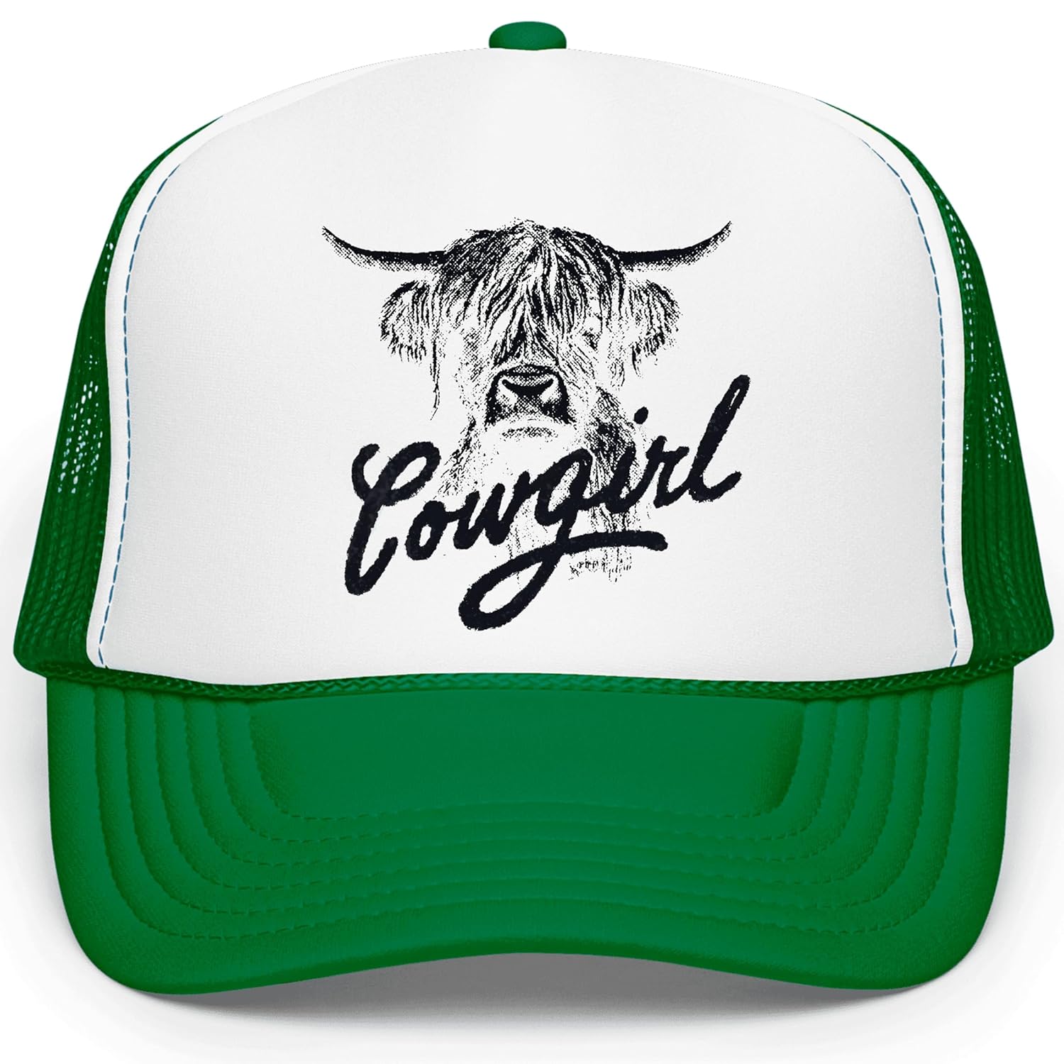 Close-up of highland cow graphic with cowgirl script on white foam front trucker hat